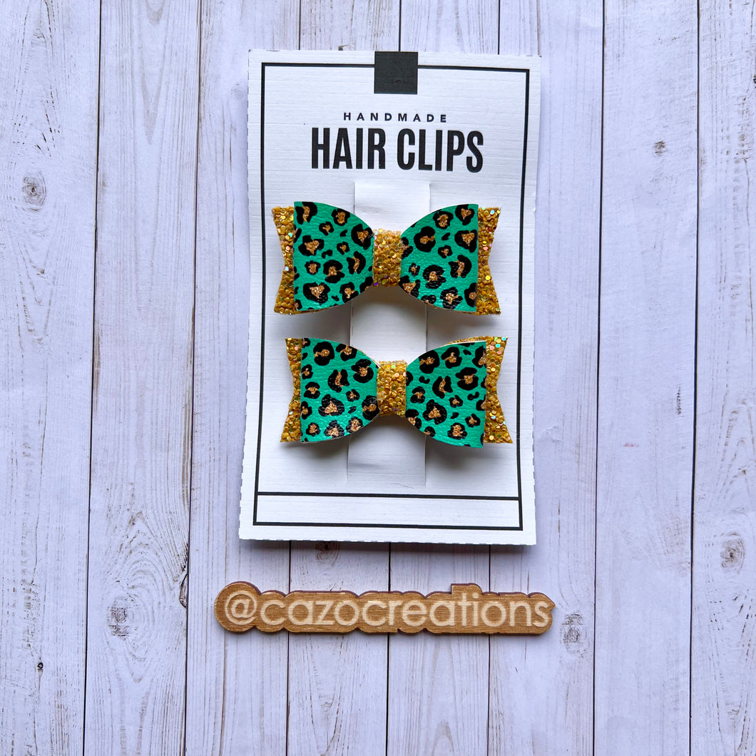 Teal & Gold Leopard - Mini Piggy Bow Set